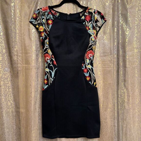 BCX Black Floral Bodycon Sheer Cap Sleeve Sheath Cocktail Party Dress Size 3 - Picture 1 of 12